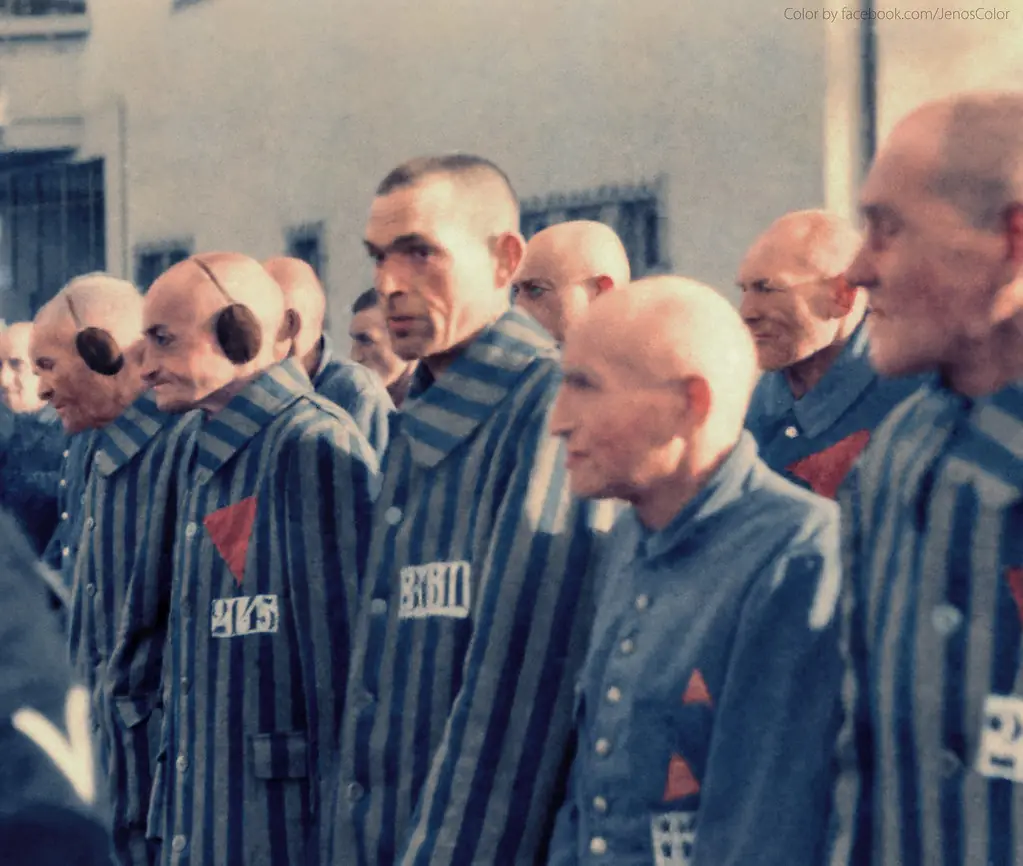 Prisoners wearing striped uniforms at Sachsenhausen concentration camp in Nazi Germany, 1938.