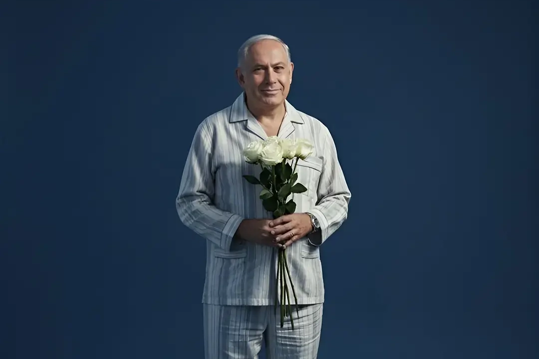 AI-generated image of a contemporary political figure wearing striped pajama-style clothing against a neutral background.